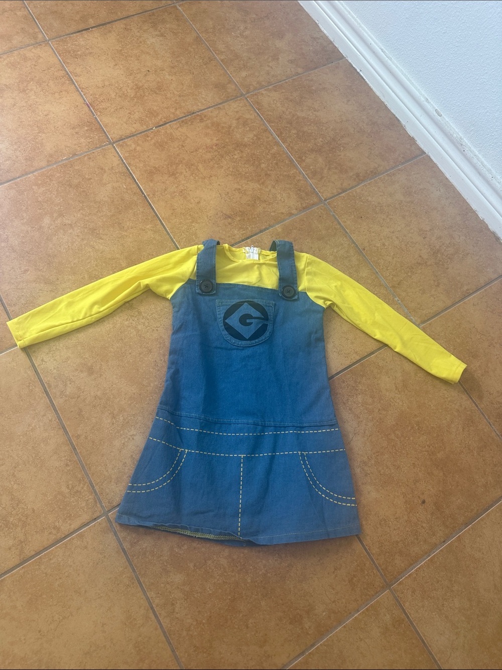 Minions-Inspired Blue Denim Jumper Dress with Yellow Long Sleeve Top 8y
